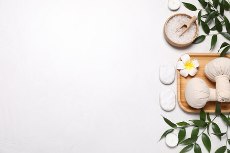Flat lay composition with spa products on white table. Space for textの写真素材