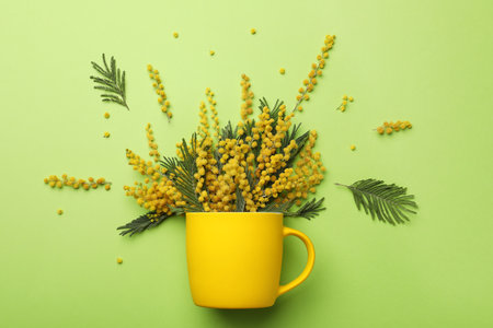 Beautiful floral composition with mimosa flowers and cup on green background, flat layの写真素材