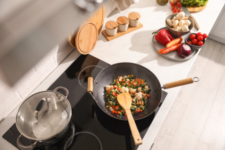 Frying pan with mix of fresh vegetables, above viewの写真素材