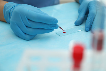 Doctor with blood sample from finger at table, closeupの写真素材