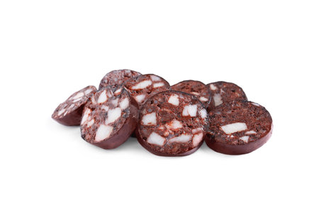 Slices of tasty blood sausage on white backgroundの写真素材