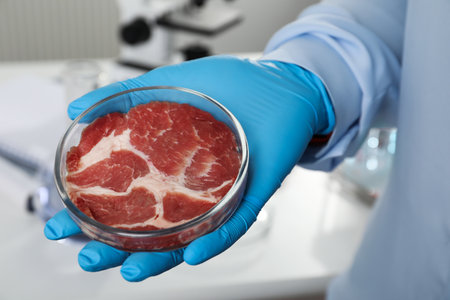 Scientist holding Petri dish with cultured meat in laboratory, closeupの写真素材