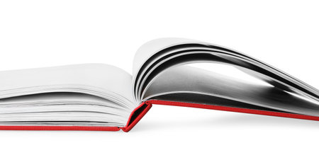Open book with red cover on white background, closeupの写真素材
