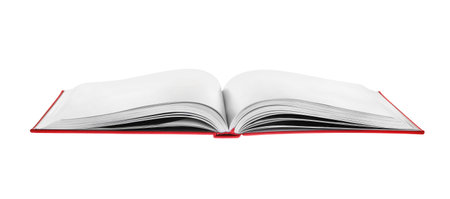 Open book with red cover on white backgroundの写真素材