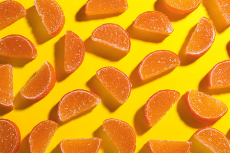 Delicious orange marmalade candies on yellow background, flat layの写真素材
