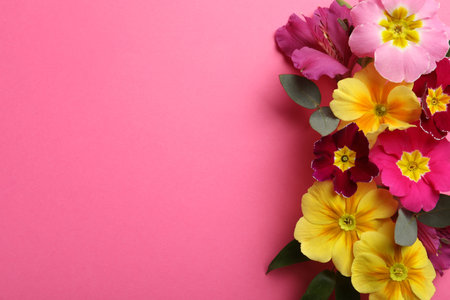 Primrose Primula Vulgaris flowers on pink background, top view with space for text. spring seasonの写真素材
