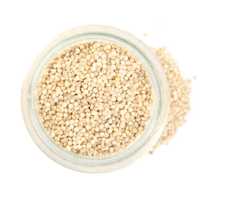 Jar with quinoa on white background, top viewの写真素材