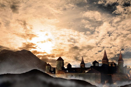 fantasy world. Mystical castle and mountains covering with fog in the nightの写真素材