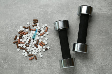 Different drugs and sports equipment on gray table, flat lay. doping controlの写真素材