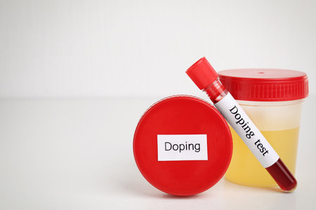 Jars and test tube with samples on beige background, space for text. doping control