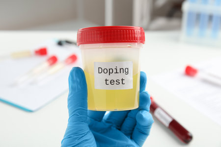 Doctor holding jar with urine sample indoors, closeup. doping controlの写真素材