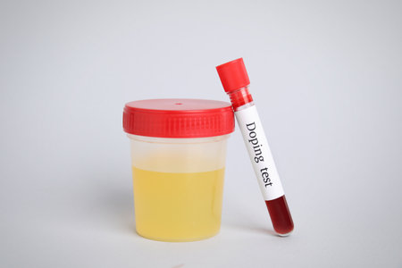 Jar and test tube with samples on light gray background. doping control
