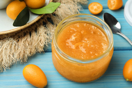 Delicious kumquat jam in jar on light blue wooden tableの写真素材
