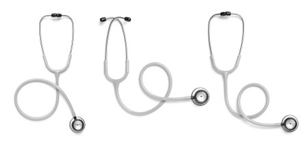 Set with stethoscopes on white background, top view. banner design