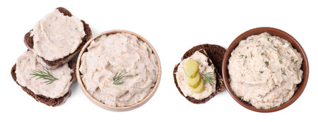 Delicious lard spread and sandwich on white background, top view. Banner designの写真素材