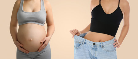Woman before and after childbirth on beige background, closeup view of belly. Collageの写真素材