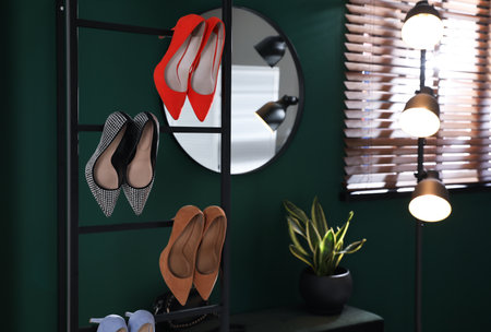 Storage rack with stylish women's shoes in hallwayの写真素材