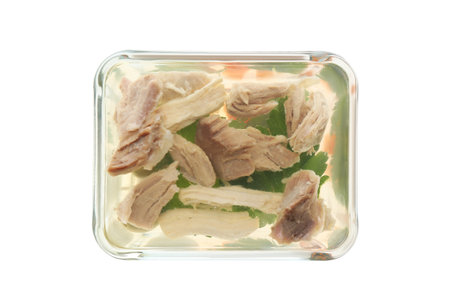 Delicious homemade aspic with meat in glass bowl isolated on white, top viewの写真素材