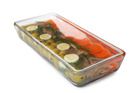 Delicious homemade aspic with meat in glass dish isolated on whiteの写真素材