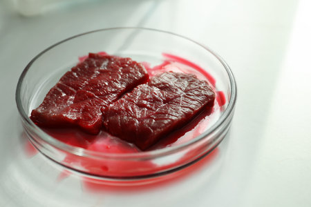 Petri dish with pieces of raw cultured meat on white table, closeupの写真素材