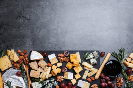 Cheese plate with grapes and nuts on dark table, top view. Space for textの写真素材