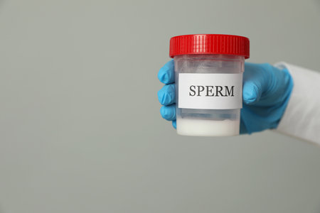 Scientist holding container with sperm on gray background, closeup. Space for textの写真素材
