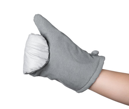 Chef in oven glove on white background, closeupの写真素材