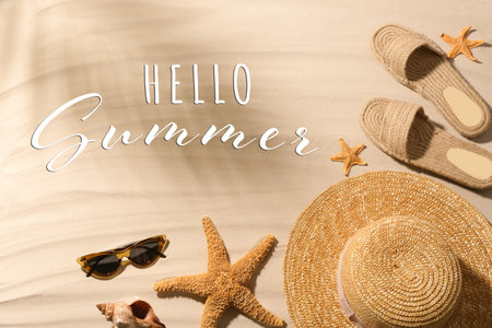 hello summer. Different beach accessories on sand, flat layの写真素材