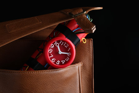 Leather briefcase with dynamite time bomb on black background, closeup. Space for textの写真素材