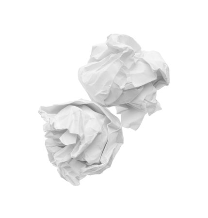 Crumpled sheets of paper on white background, top viewの写真素材
