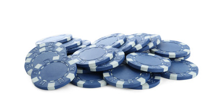 Pile of casino poker chips on white backgroundの写真素材
