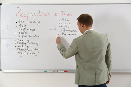 English teacher giving lesson on prepositions of time near whiteboard in classroom, back viewの写真素材