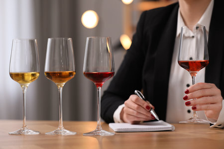 Sommelier tasting different sorts of wine at table indoors, closeupの写真素材