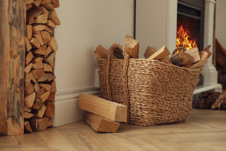 Basket with firewood on floor in roomの写真素材