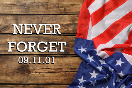 memorial day. American flag on wooden table, top view