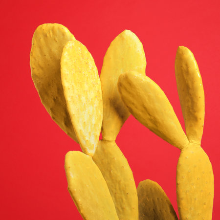 Yellow cactus on red background. creative designの写真素材