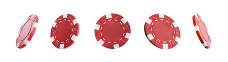 Set with red casino chips on white background. banner designの写真素材