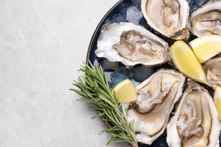 Delicious fresh oysters with lemon slices and rosemary on light gray table, top view. Space for textの写真素材
