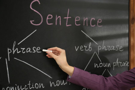 English teacher giving sentence construction rules near blackboard, closeupの写真素材