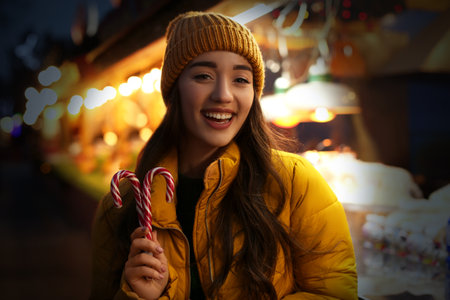 Young woman spending time at Christmas fairの写真素材