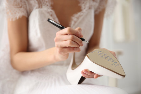 Young bride writing her single friends names on shoe indoors, closeup. wedding superstitionの写真素材