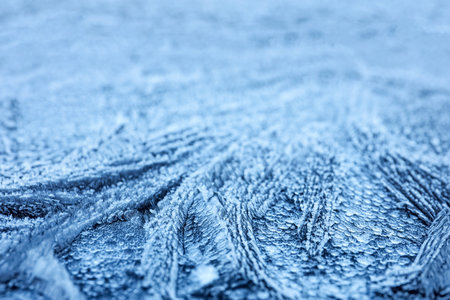 Surface covered with beautiful hoarfrost, closeup viewの写真素材