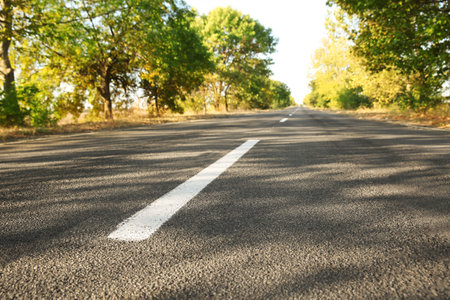Beautiful view of asphalt highway without transportの写真素材