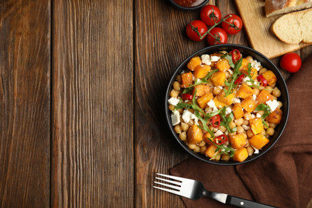 Delicious fresh chickpea salad served on wooden table, flat lay. Space for textの写真素材