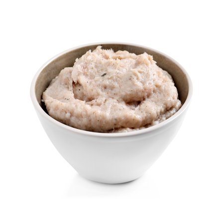 Delicious lard spread in bowl isolated on whiteの写真素材