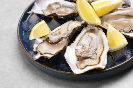 Delicious fresh oysters with lemon slices on light gray table, closeupの写真素材