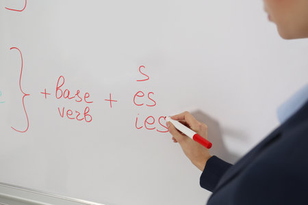 English teacher giving lesson near whiteboard, closeupの写真素材
