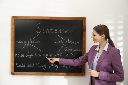 English teacher giving sentence construction rules near blackboard in classroomの写真素材