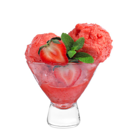 Delicious pink ice cream with mint and strawberry in glass dessert bowl isolated on whiteの写真素材