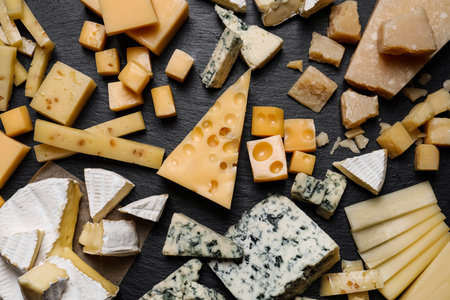 Cheese plate on black table, top viewの写真素材